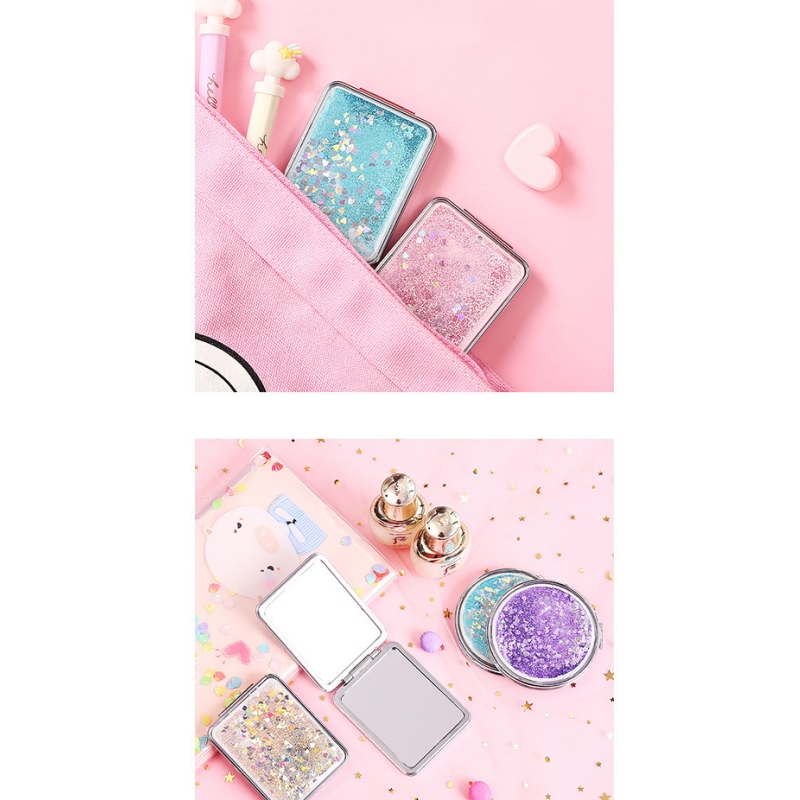 Mini Folding Pocket Mirror Double Sided Quicksand Floating Glitter