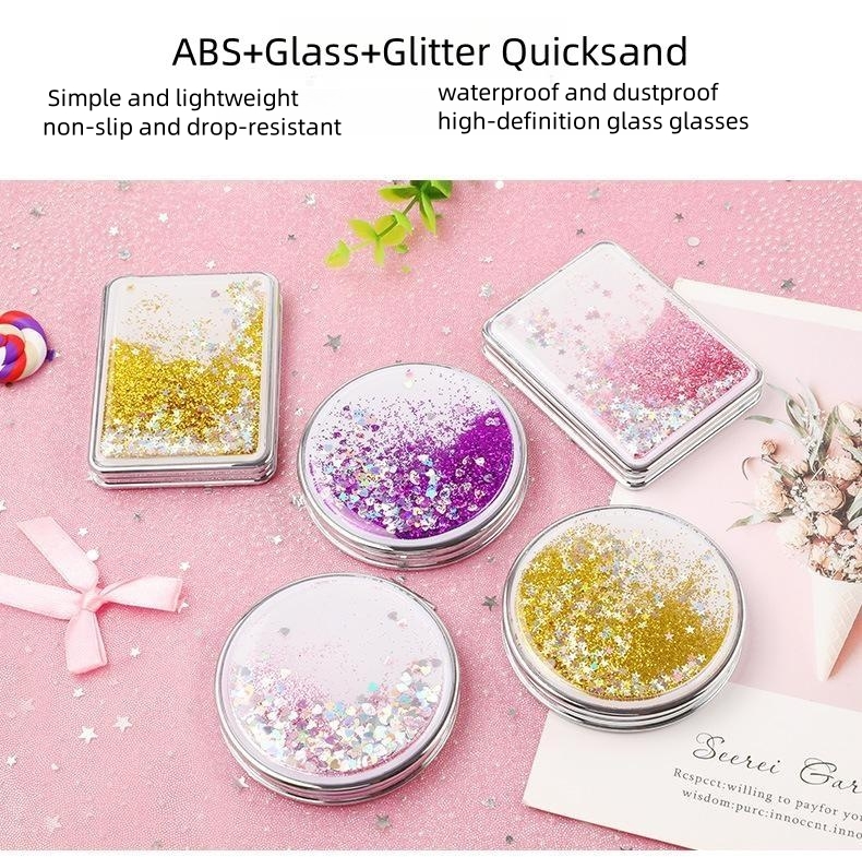 Mini Folding Pocket Mirror Double Sided Quicksand Floating Glitter